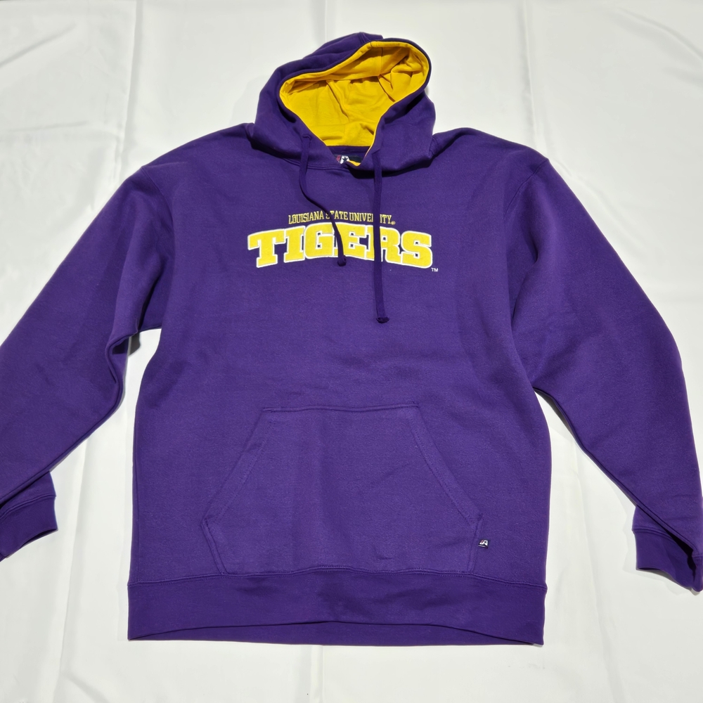 J. America Purple Hoodie with Gold Lined Hood — LSU TIGERS Chest Logo Unipocket